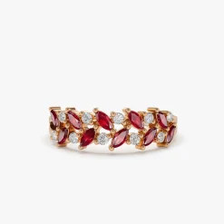 14k Two Rows Marquise Cut Natural Ruby and Diamond Ring