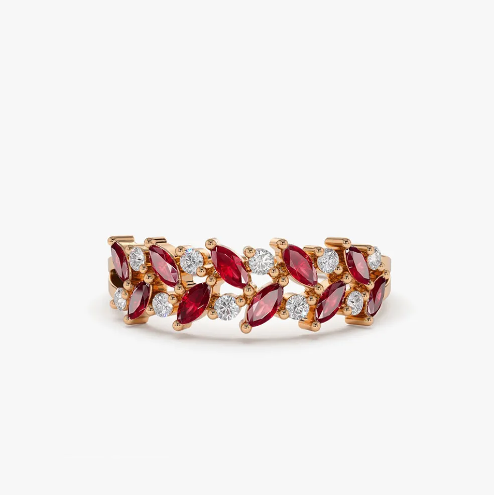 14k Two Rows Marquise Cut Natural Ruby and Diamond Ring
