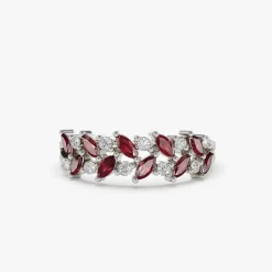 14k Two Rows Marquise Cut Natural Ruby and Diamond Ring