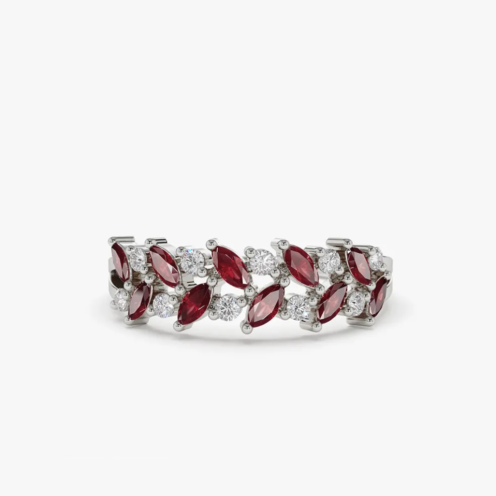 14k Two Rows Marquise Cut Natural Ruby and Diamond Ring