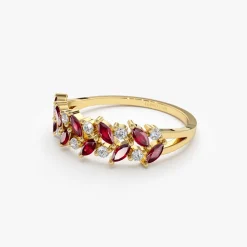 14k Two Rows Marquise Cut Natural Ruby and Diamond Ring