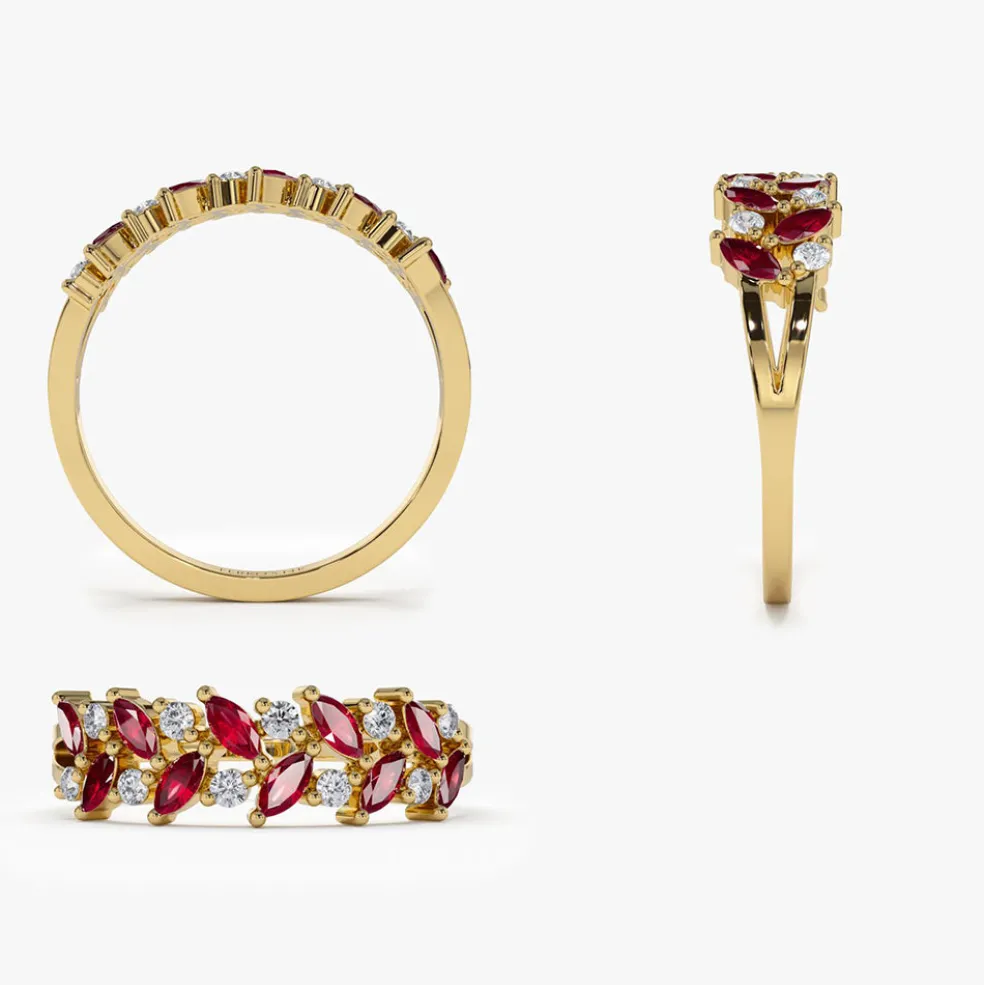 14k Two Rows Marquise Cut Natural Ruby and Diamond Ring