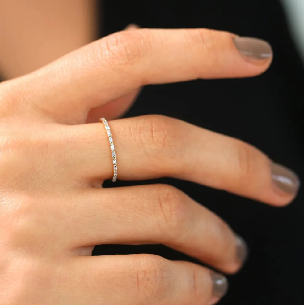 14K Ultra Thin Half Eternity Baguette Diamond Stackable Ring
