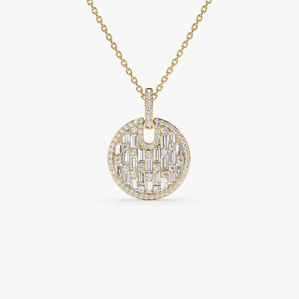 14k Unique Baguette and Round Diamond Disc Necklace