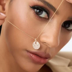 14k Unique Baguette and Round Diamond Disc Necklace