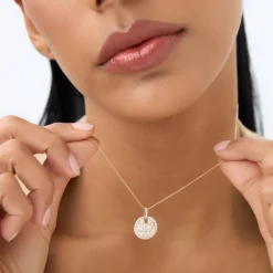 14k Unique Baguette and Round Diamond Disc Necklace