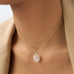 14k Unique Baguette and Round Diamond Disc Necklace