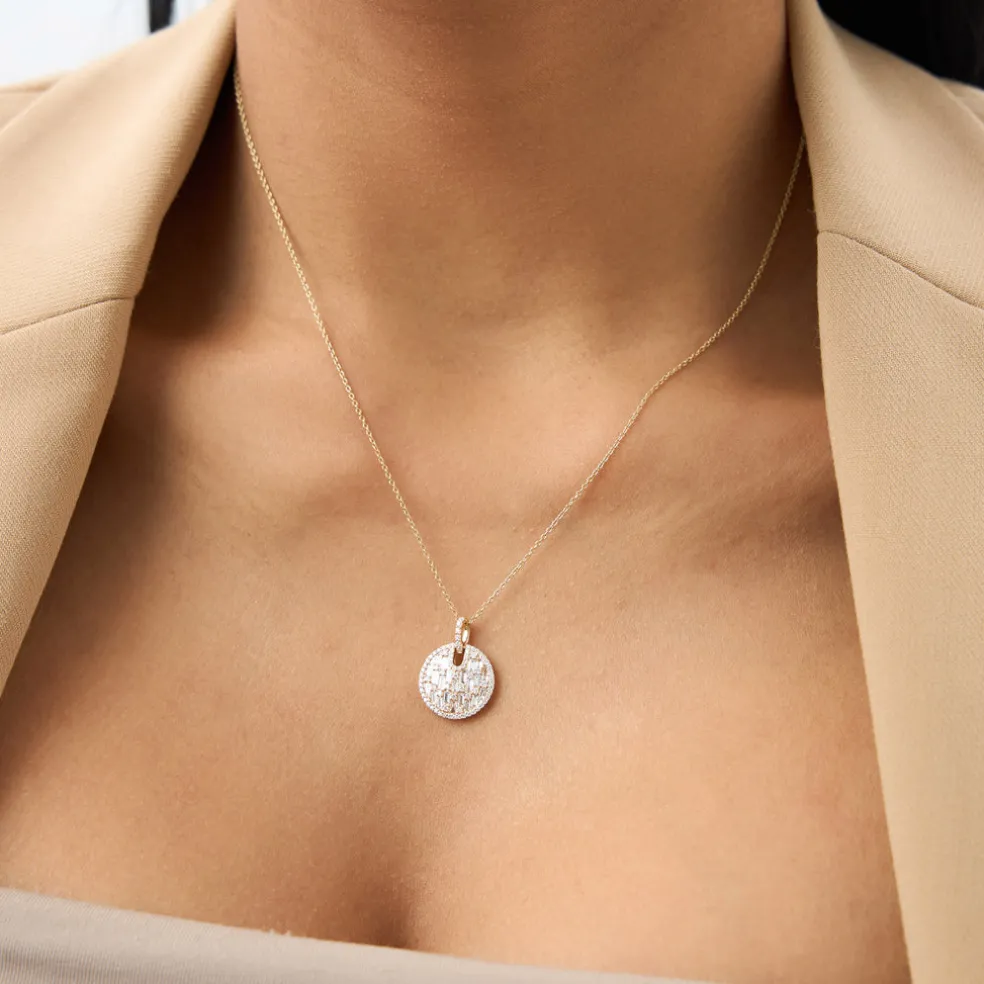 14k Unique Baguette and Round Diamond Disc Necklace