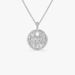 14k Unique Baguette and Round Diamond Disc Necklace