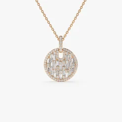 14k Unique Baguette and Round Diamond Disc Necklace