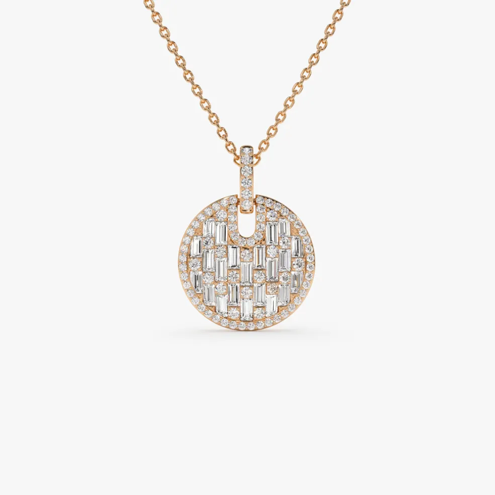 14k Unique Baguette and Round Diamond Disc Necklace