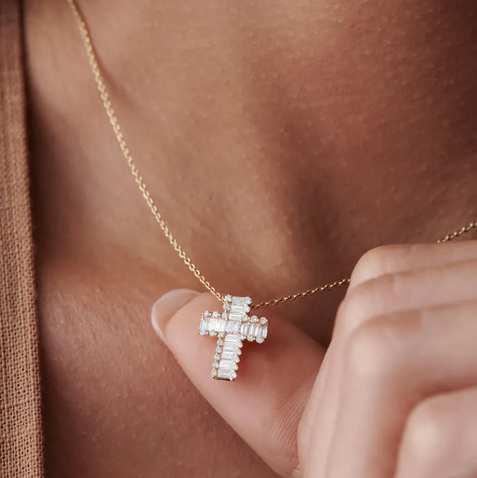 14k Unique Cross with Baguettes and Round Diamonds