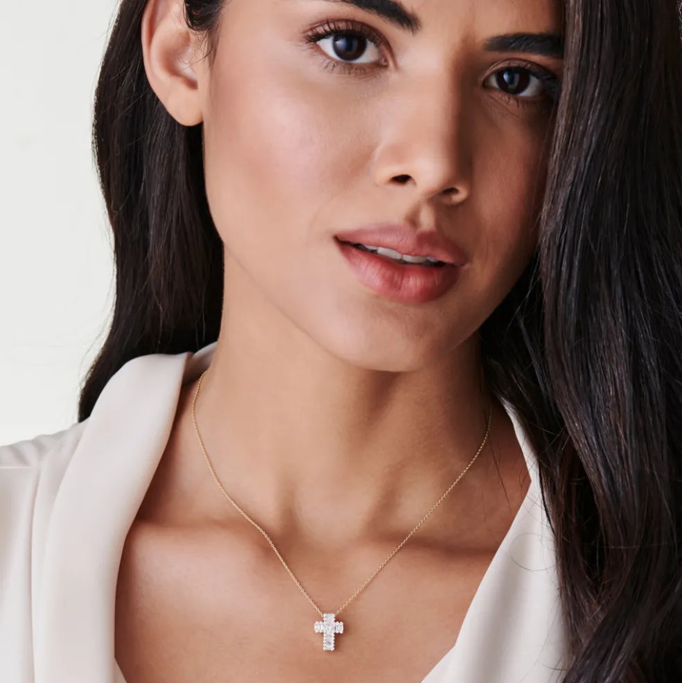 14k Unique Cross with Baguettes and Round Diamonds