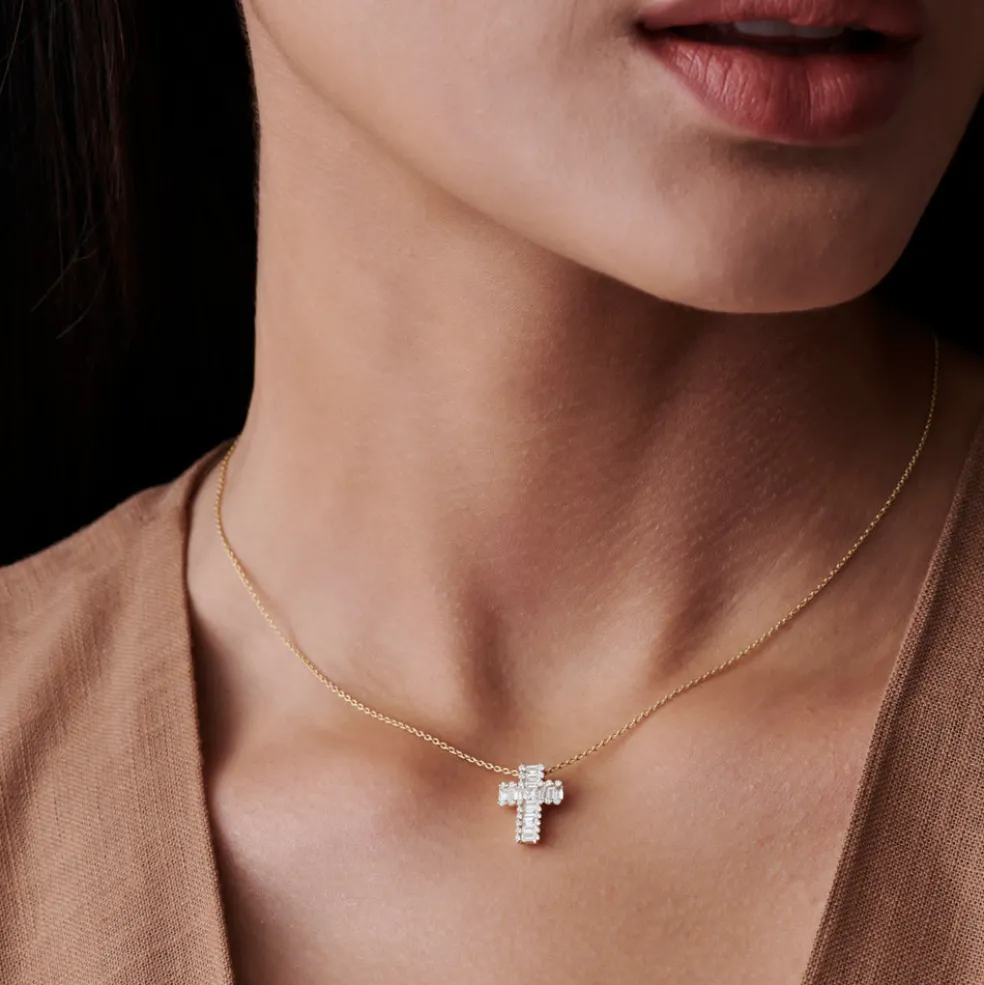 14k Unique Cross with Baguettes and Round Diamonds