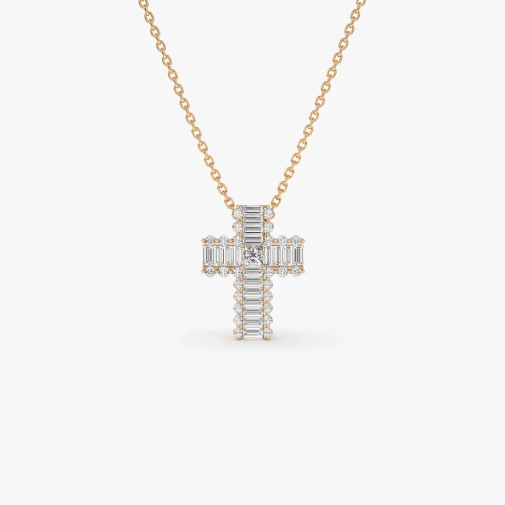 14k Unique Cross with Baguettes and Round Diamonds