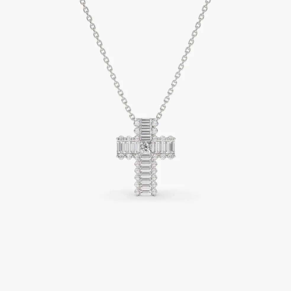 14k Unique Cross with Baguettes and Round Diamonds
