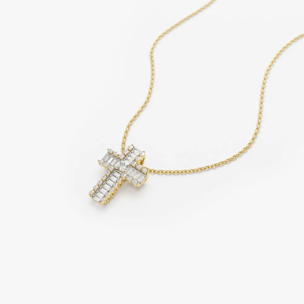 14k Unique Cross with Baguettes and Round Diamonds