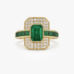 14k Unique Emerald and Diamond Art Deco Ring