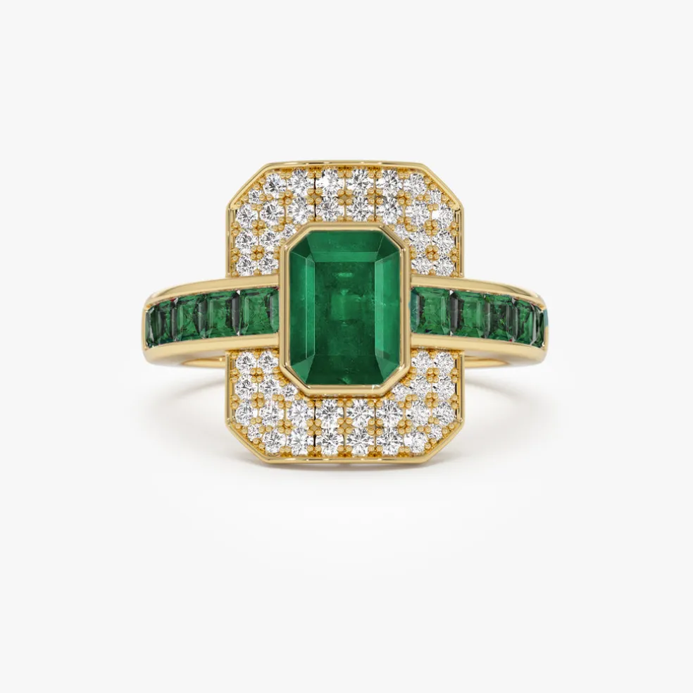 14k Unique Emerald and Diamond Art Deco Ring
