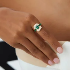 14k Unique Emerald and Diamond Art Deco Ring