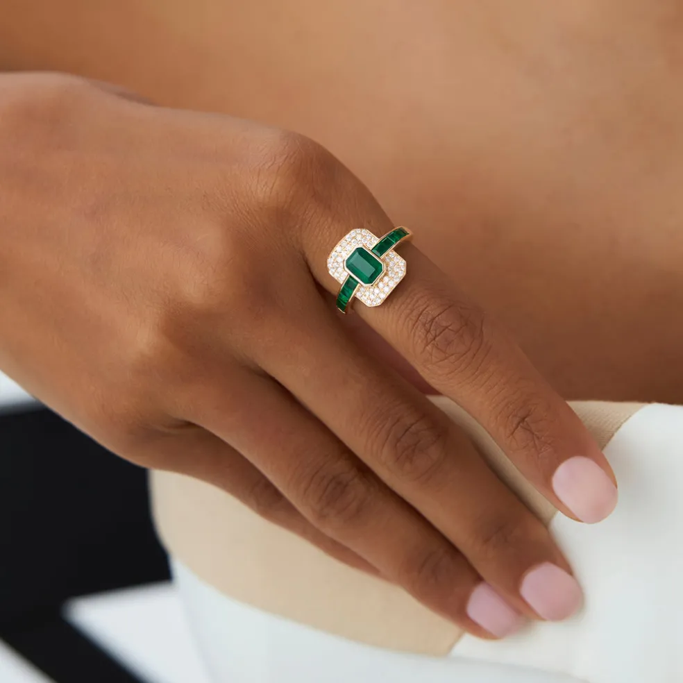 14k Unique Emerald and Diamond Art Deco Ring