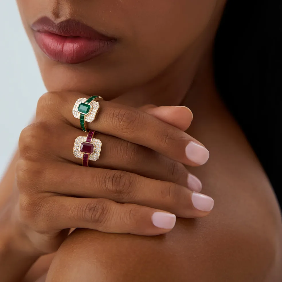 14k Unique Emerald and Diamond Art Deco Ring