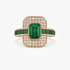 14k Unique Emerald and Diamond Art Deco Ring
