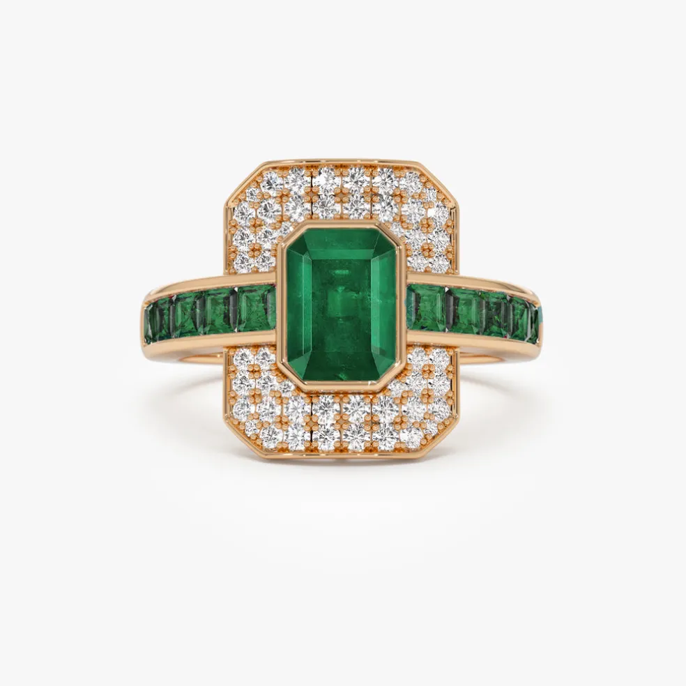 14k Unique Emerald and Diamond Art Deco Ring