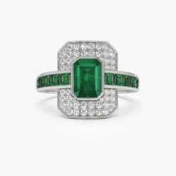 14k Unique Emerald and Diamond Art Deco Ring