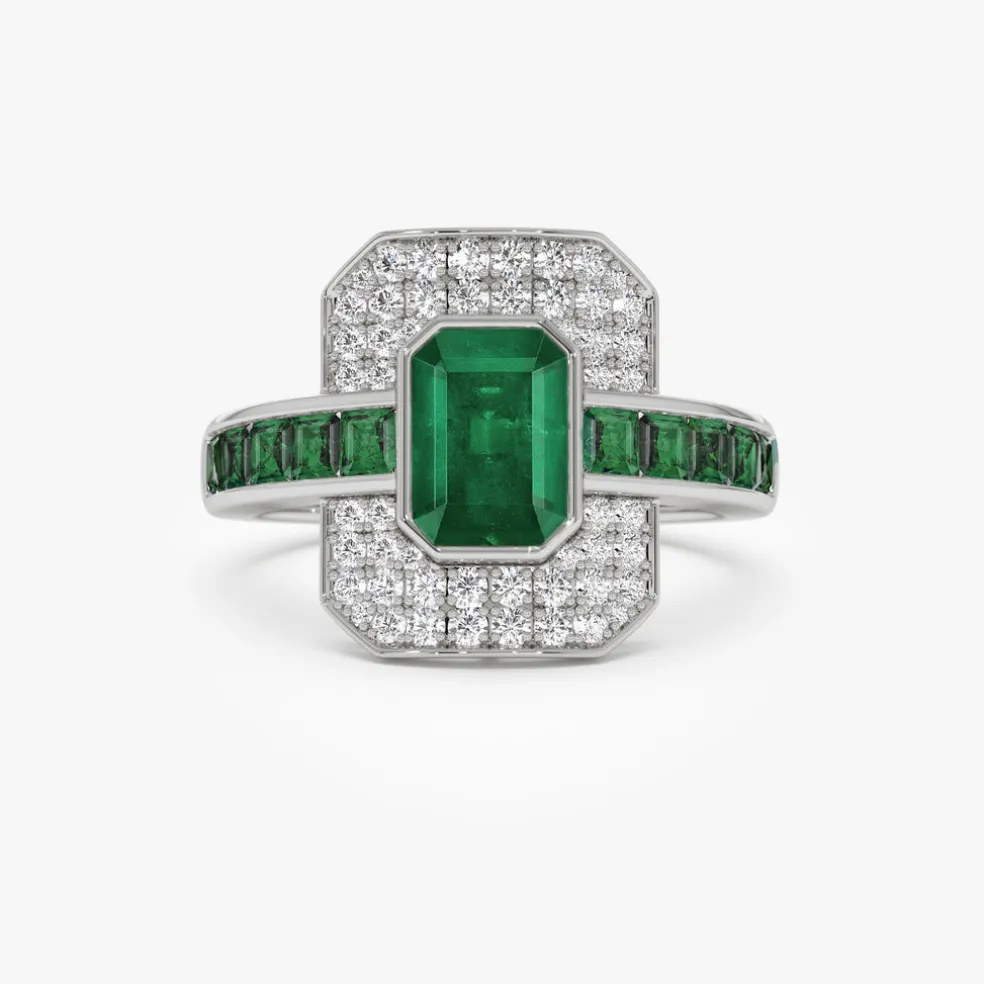 14k Unique Emerald and Diamond Art Deco Ring
