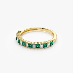 14k Unique Princess Cut Emerald and Baguette Diamond Ring
