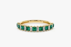 14k Unique Princess Cut Emerald and Baguette Diamond Ring