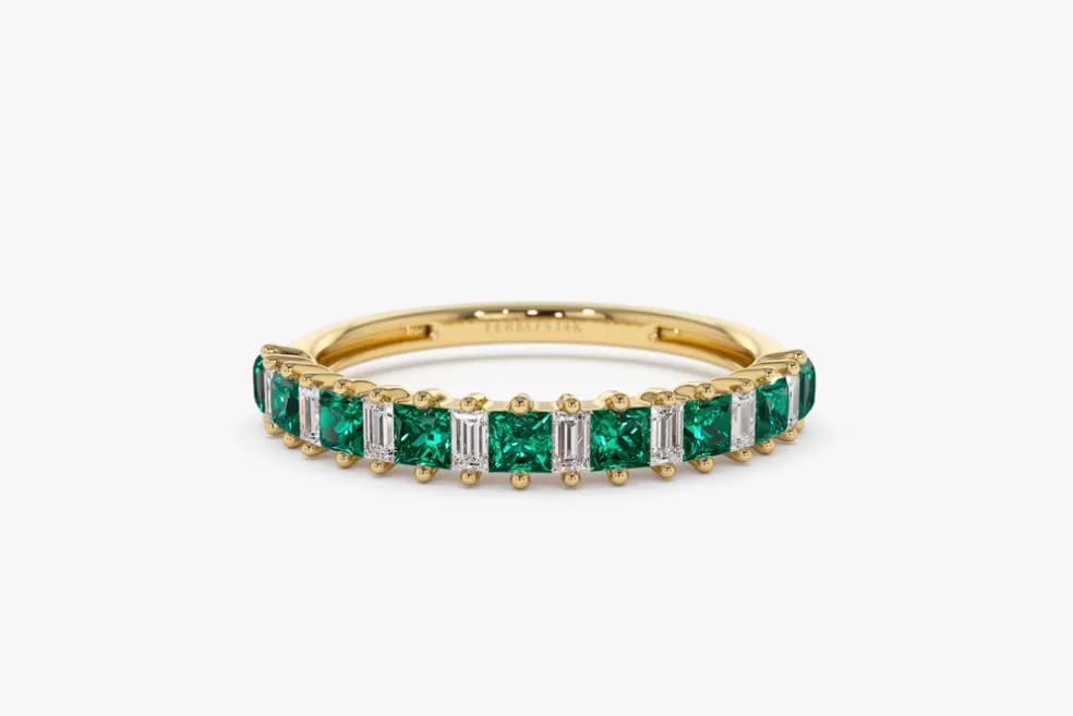 14k Unique Princess Cut Emerald and Baguette Diamond Ring