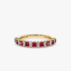 14k Unique Princess Cut Ruby and Baguette Diamond Ring