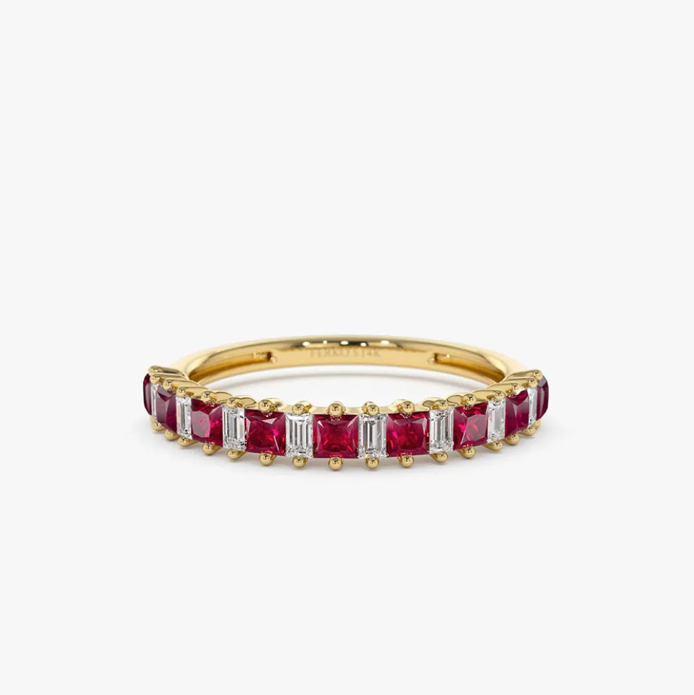 14k Unique Princess Cut Ruby and Baguette Diamond Ring
