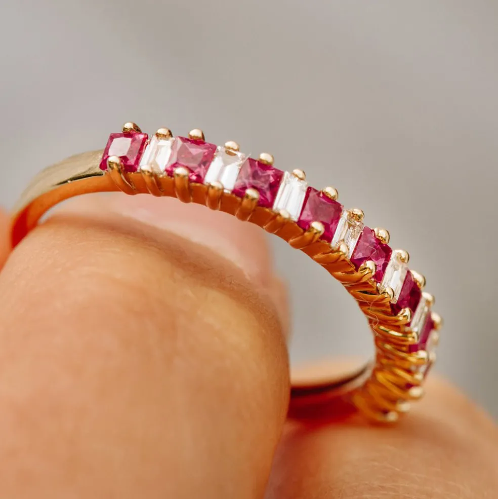 14k Unique Princess Cut Ruby and Baguette Diamond Ring
