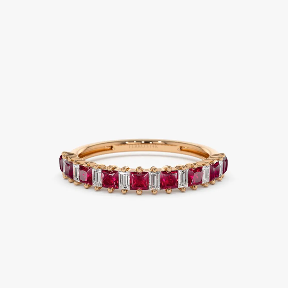 14k Unique Princess Cut Ruby and Baguette Diamond Ring