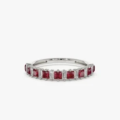 14k Unique Princess Cut Ruby and Baguette Diamond Ring