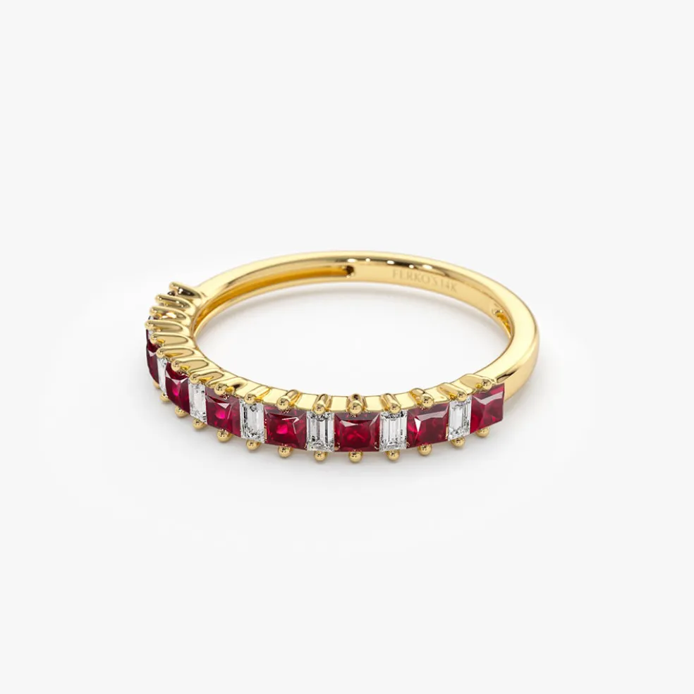 14k Unique Princess Cut Ruby and Baguette Diamond Ring