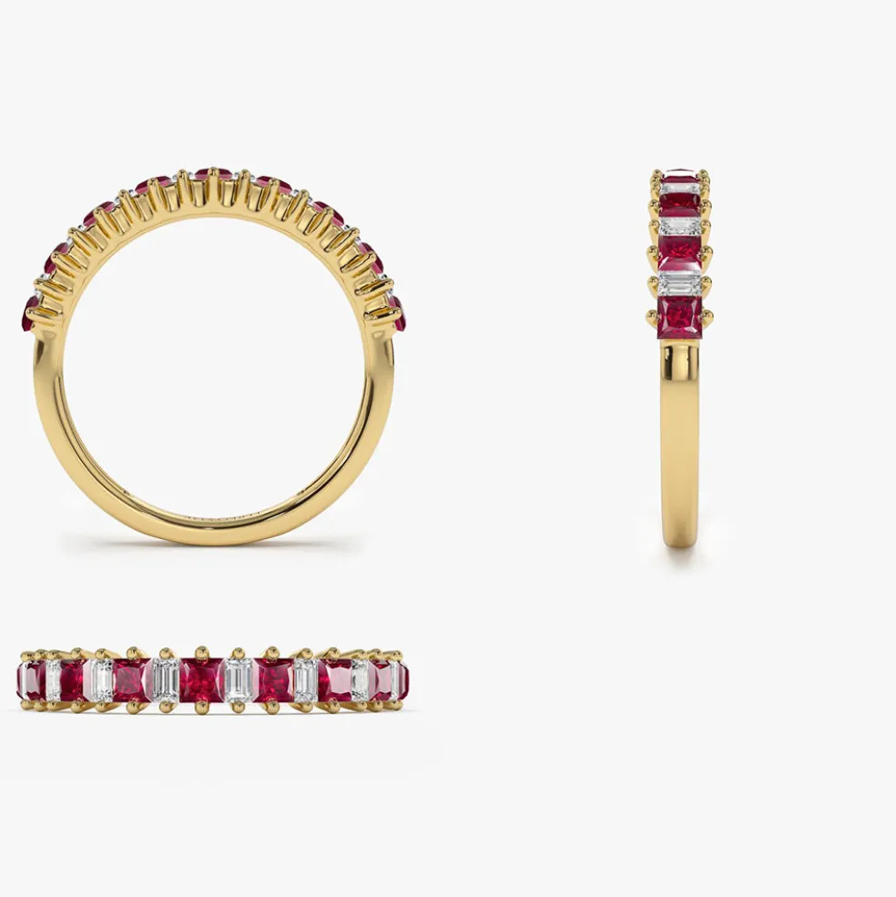 14k Unique Princess Cut Ruby and Baguette Diamond Ring