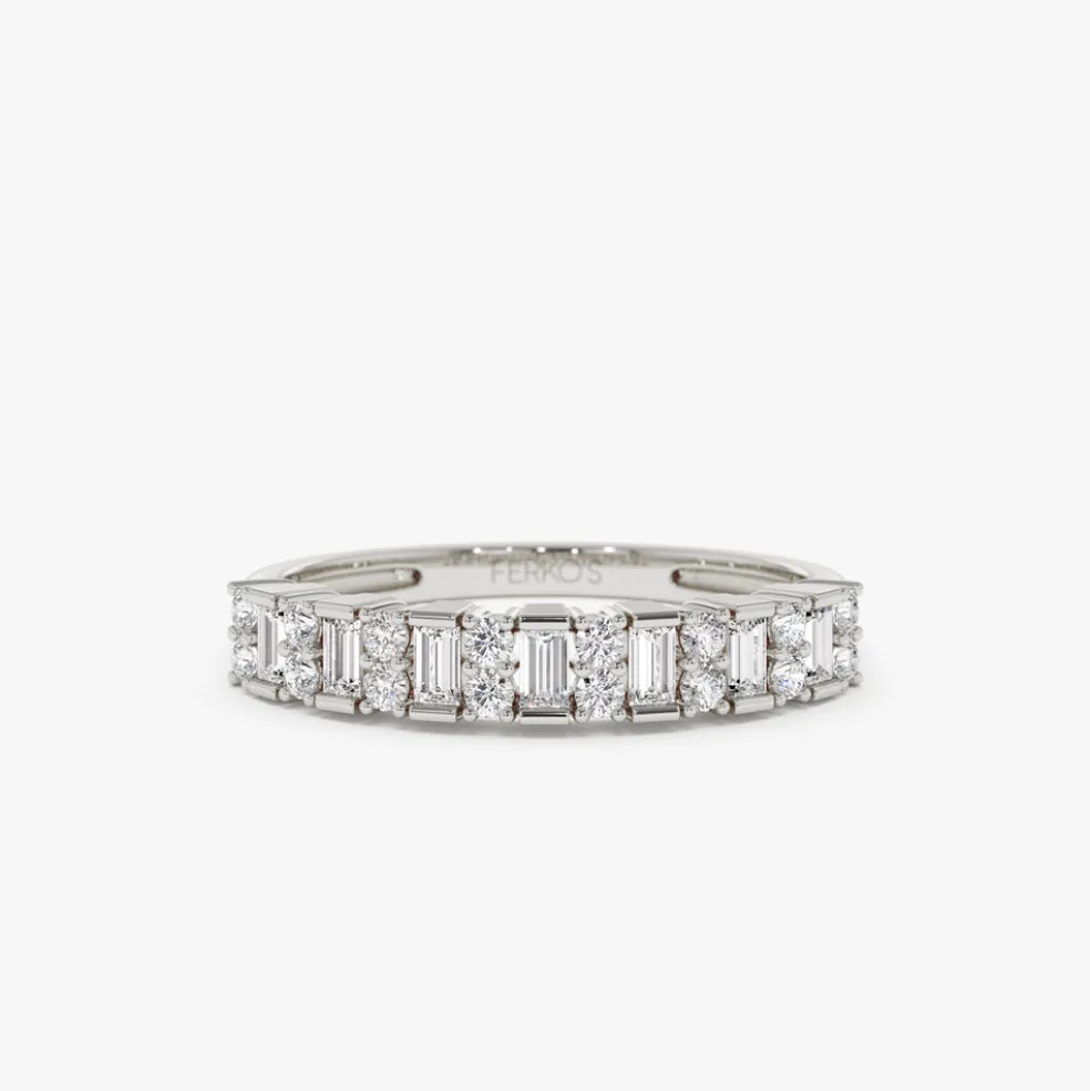 14k Vertical Baguette and Round Diamond Wedding Band