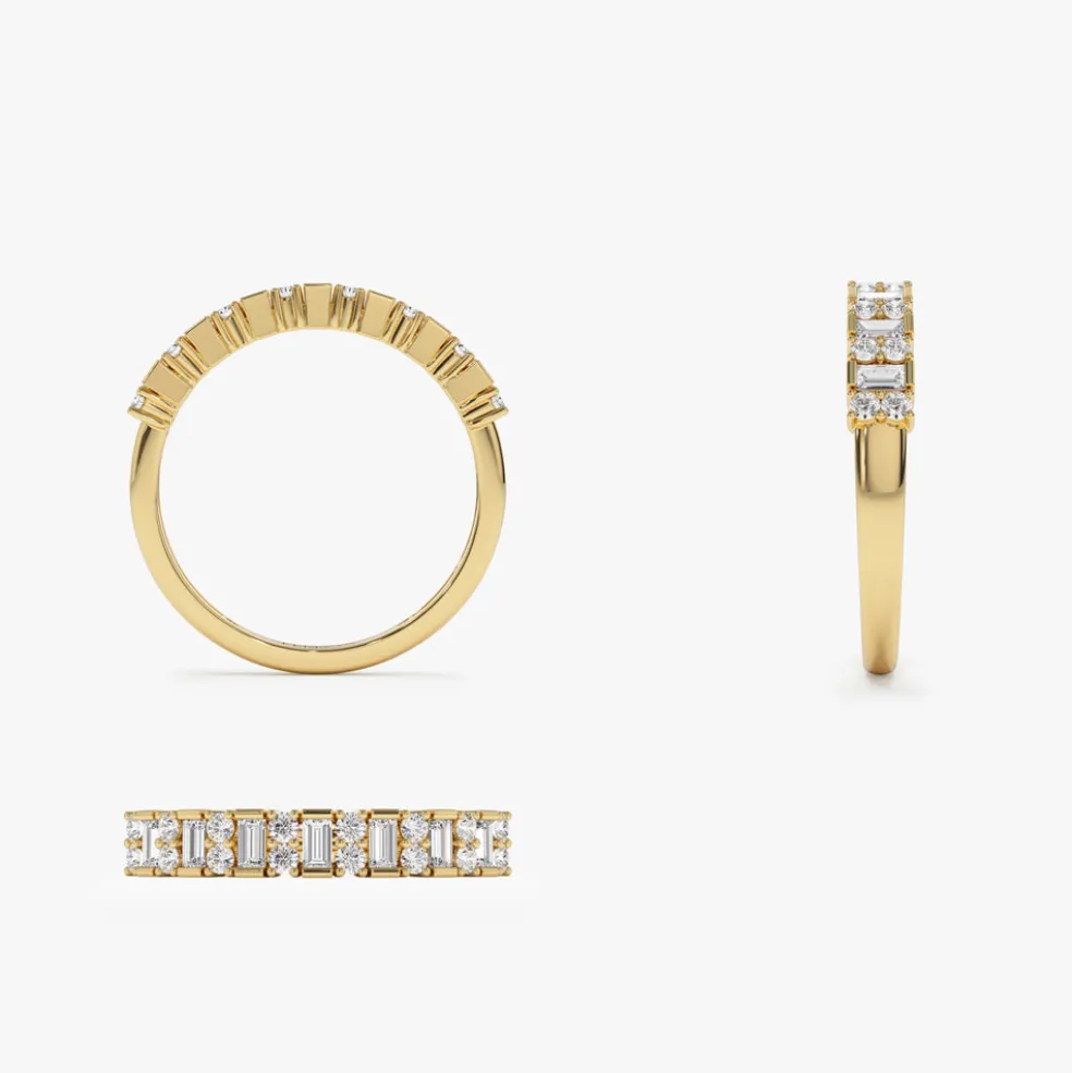 14k Vertical Baguette and Round Diamond Wedding Band