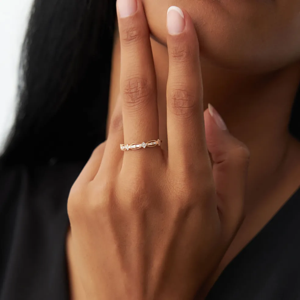 14k Vintage Inspired Baguette Diamond Wedding RIng