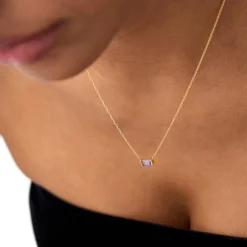 14Kt Gold Baguette Amethyst Dainty Birthstone Necklace