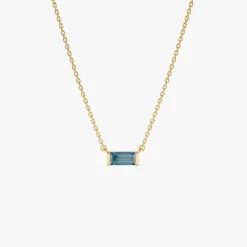 14Kt Gold Baguette London Blue Topaz Dainty Birthstone Necklace