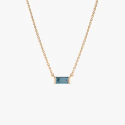 14Kt Gold Baguette London Blue Topaz Dainty Birthstone Necklace