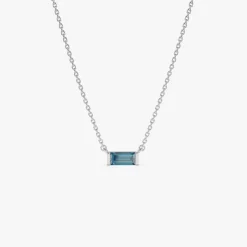 14Kt Gold Baguette London Blue Topaz Dainty Birthstone Necklace