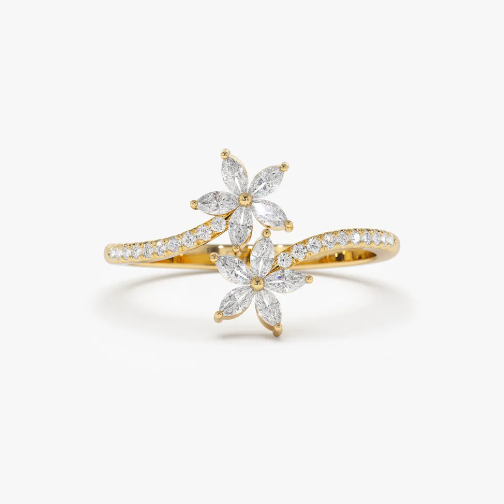 Marquise Diamond Flower Bypass Ring in 14k