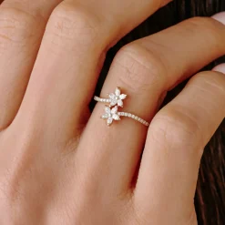 Marquise Diamond Flower Bypass Ring in 14k