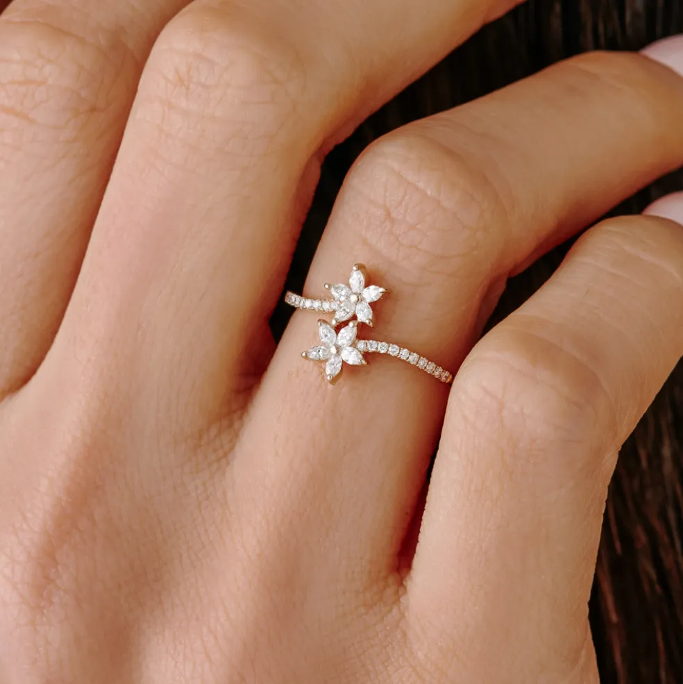 Marquise Diamond Flower Bypass Ring in 14k